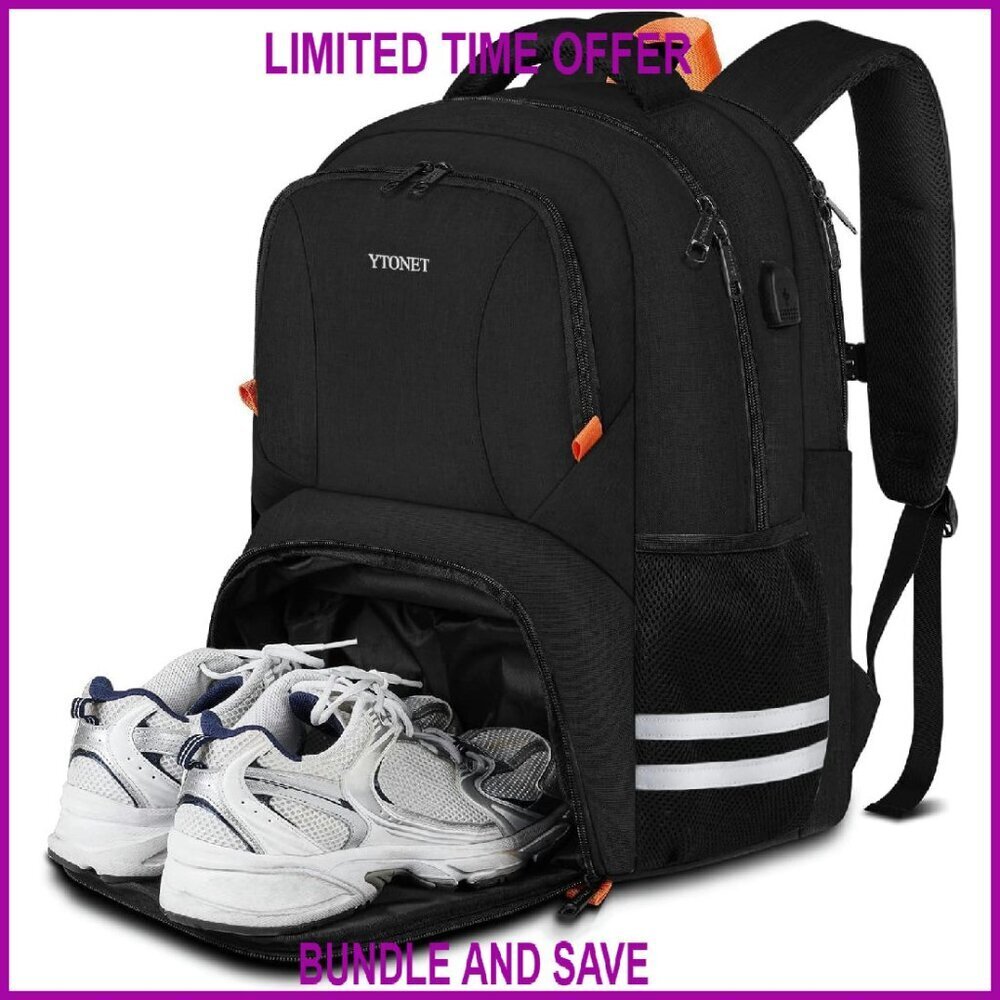 Large 40L Water-Resistant Gym Backpack with USB Port & Shoe Compartment